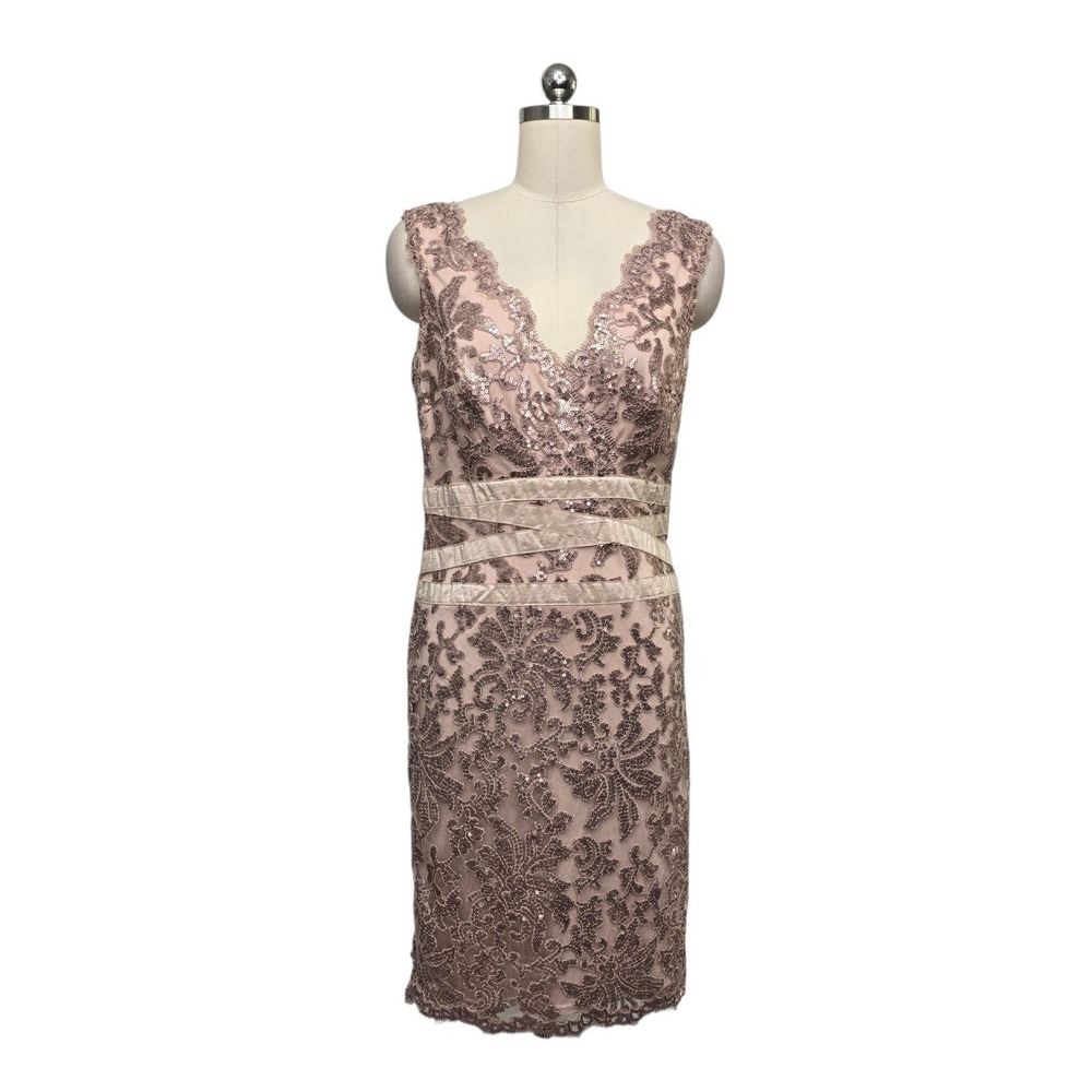 Tadashi Shoji Pink Sequin Lace V-Neck Cocktail Dress Velvet Waist Women's Size 8